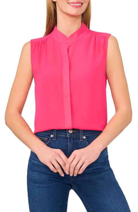 Sleeveless Mandarin Collar Button-Up Shirt