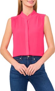 CeCe Sleeveless Mandarin Collar Button-Up Shirt