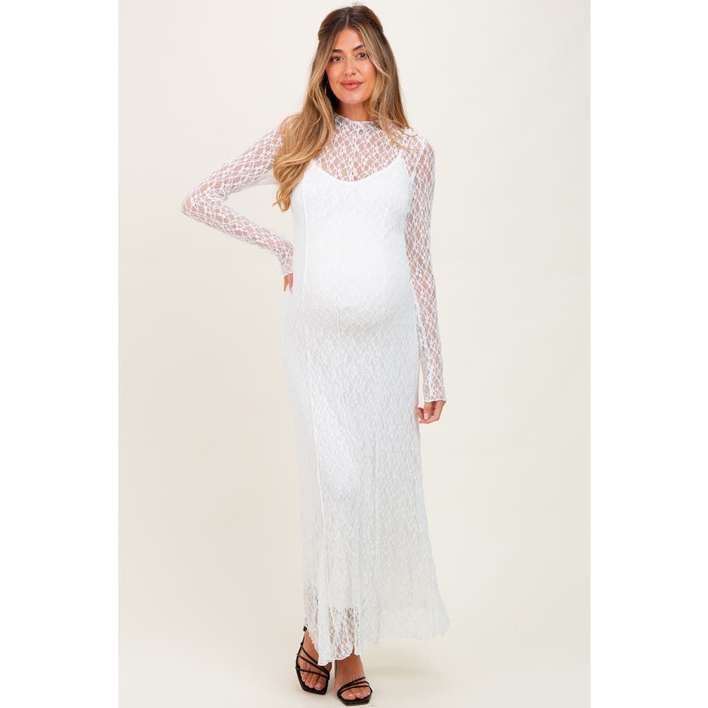 Pinkblush Lace Mock Neck Long Sleeve Maxi Dress In White