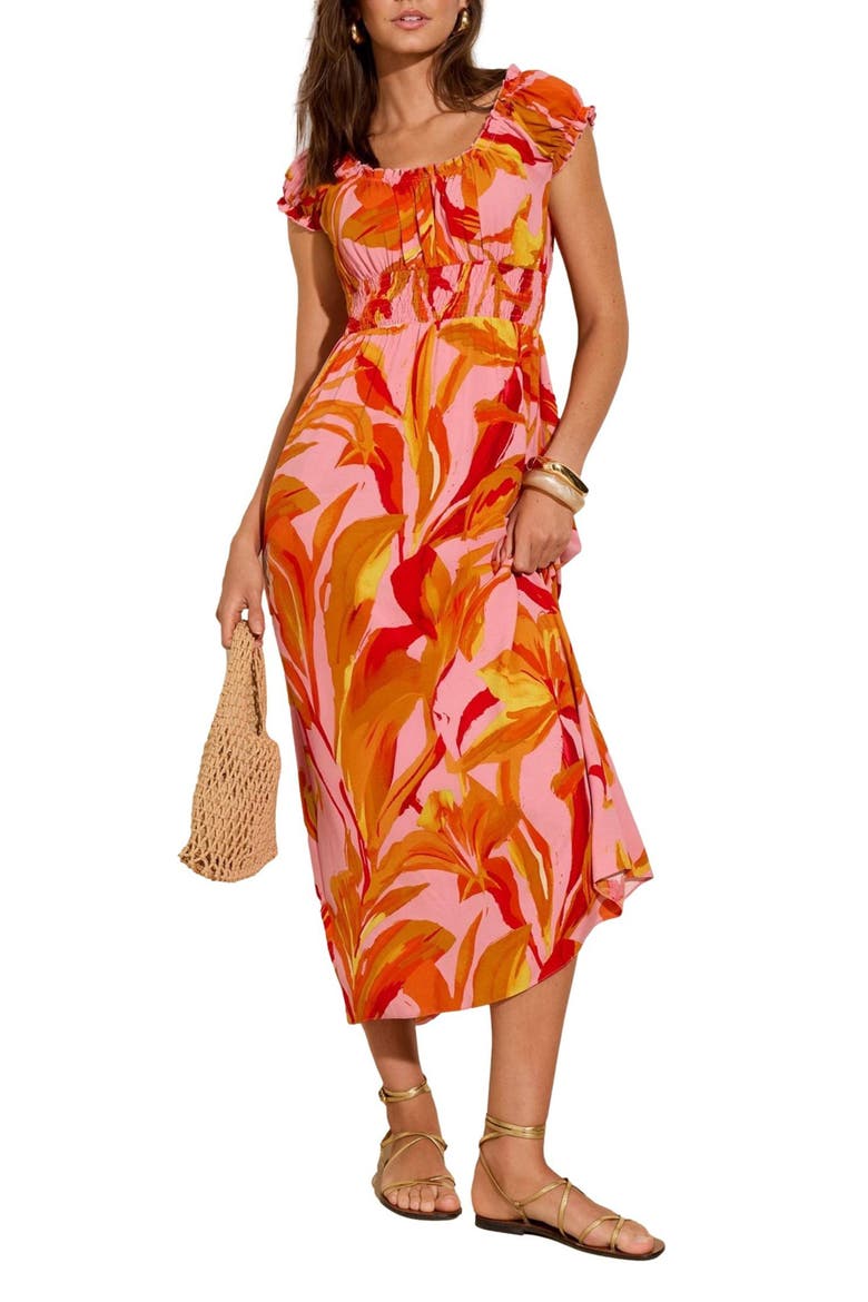 Ruffle Square Neck Smocked Waist Maxi Sundress, Main, color, ORANGE