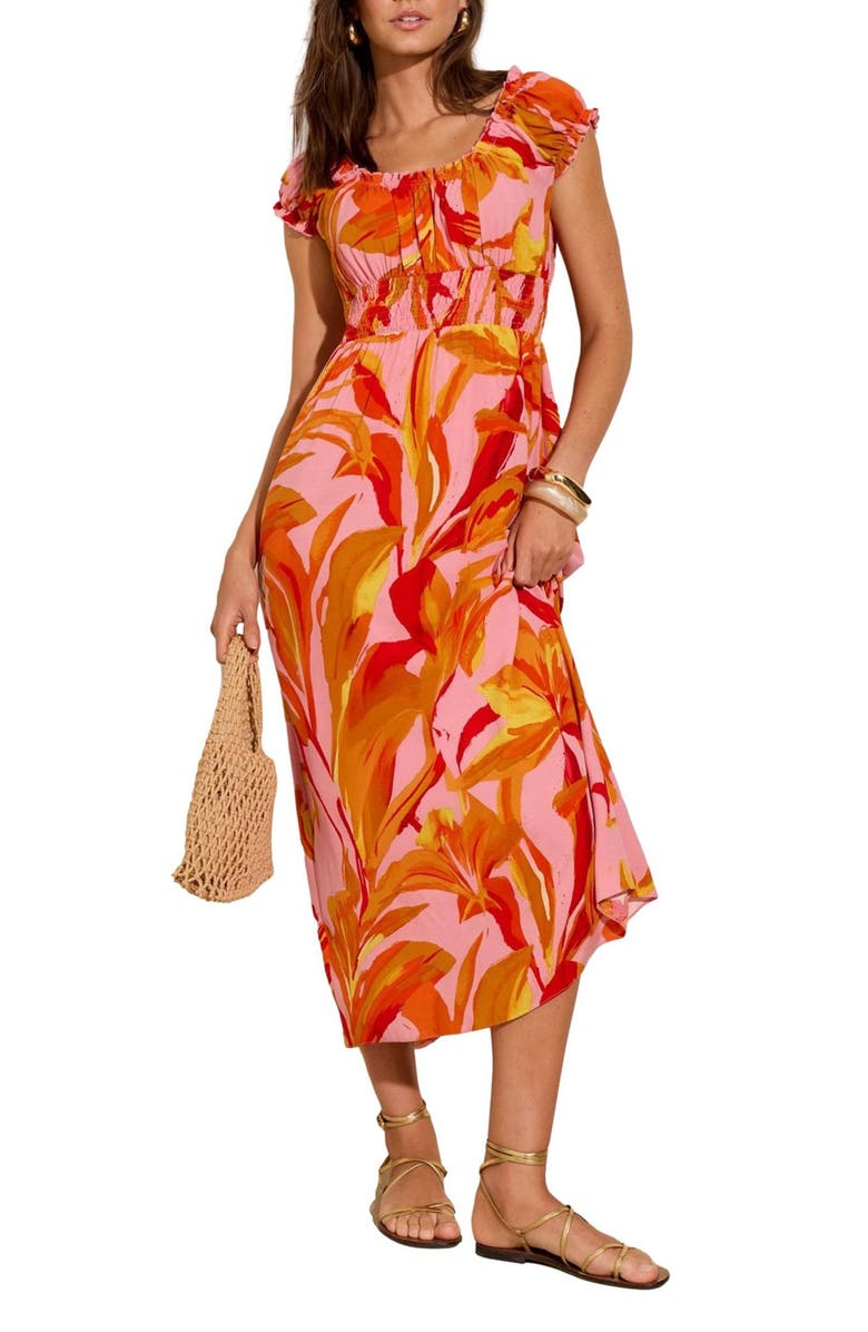 Friends Like These Ruffle Square Neck Smocked Waist Maxi Sundress, Main, color, Orange