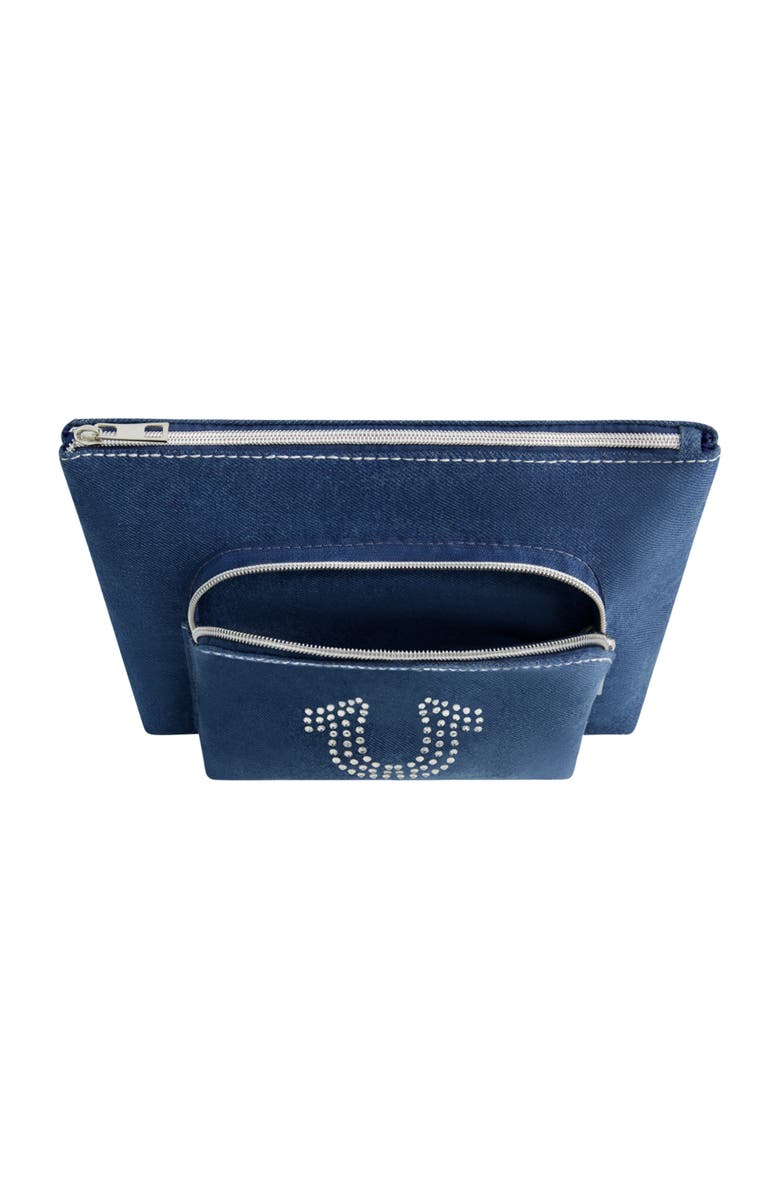 True Religion Trapezoid Zip Cosmetic Bag with Exterior Zip Pocket, Alternate, color, Denim