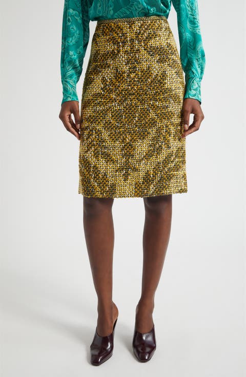 Jacquard Floral Basket Weave Wool Skirt