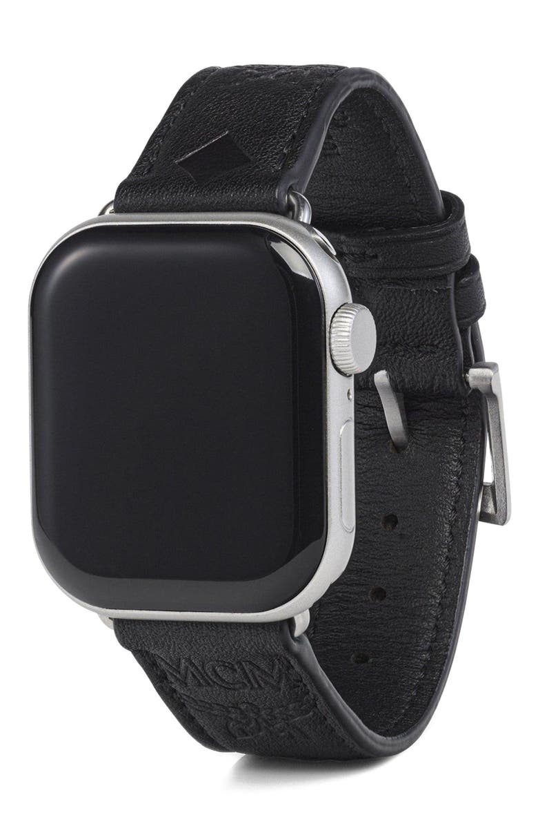 MCM Apple Watch Band in Embossed Monogram Leather, Main, color, Black