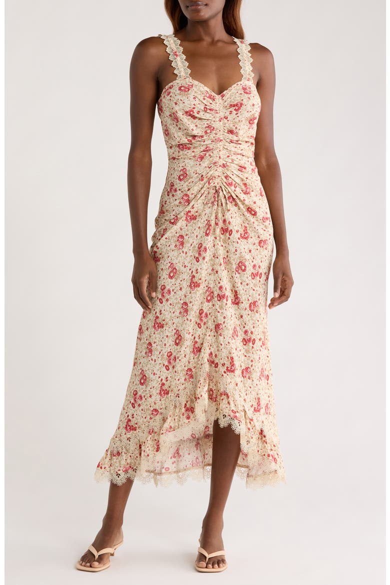 Stevie Ruched Lace Trim Cocktail Dress, Main, color, CHERRY ROSE MULTI