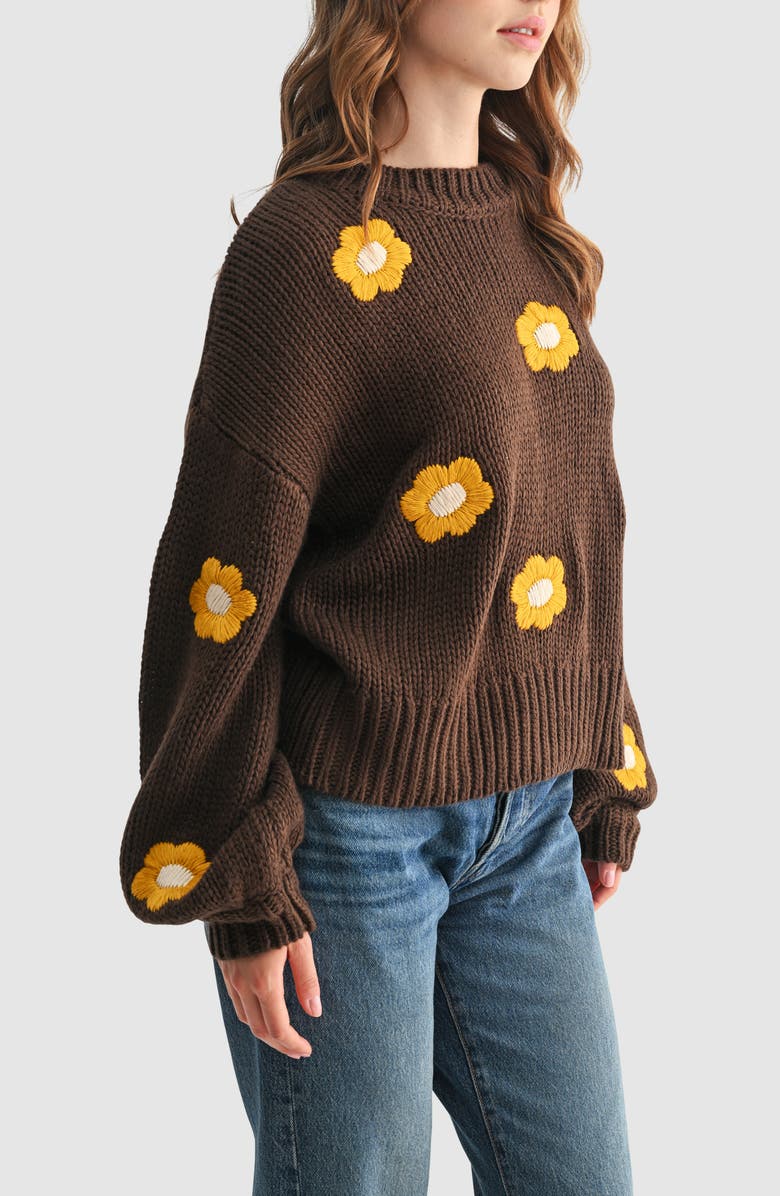 All in Favor Embroidered Flower Crewneck Sweater, Alternate, color, Brown Mustard Flower