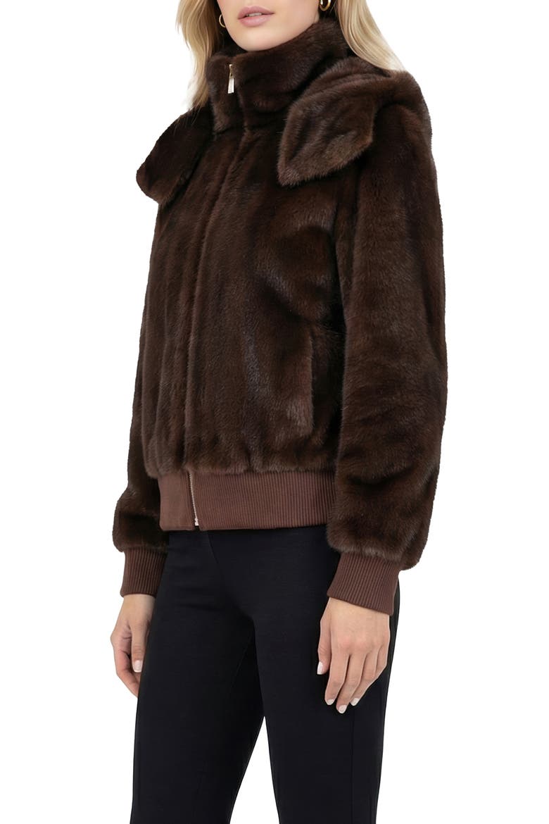Fur-Free Mink (Faux Fur) Hooded Jacket With Knitted Cuffs & Bottom, Alternate, color, DARK BROWN