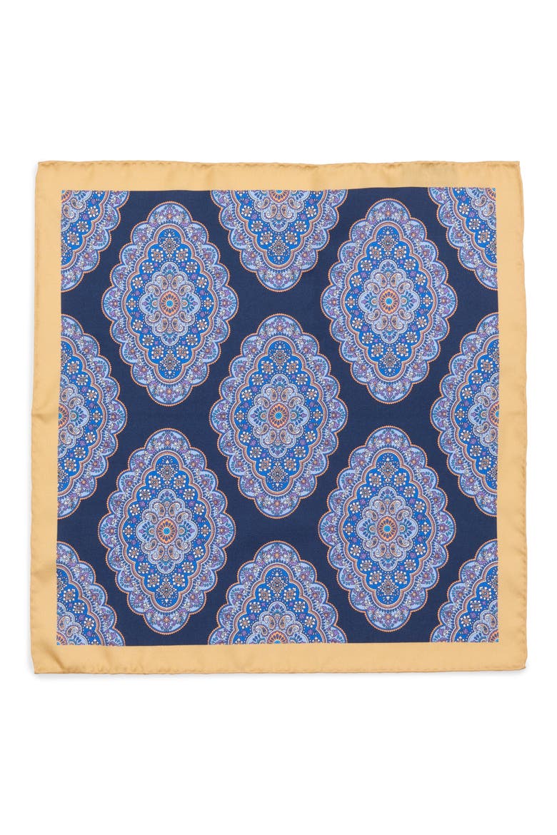 Medallion Silk Pocket Square, Alternate, color, NAVY/ YELLOW