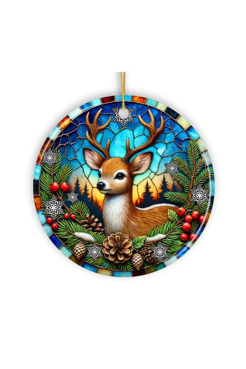Winter Deer Holly Stained Glass Ornament - Version 2
