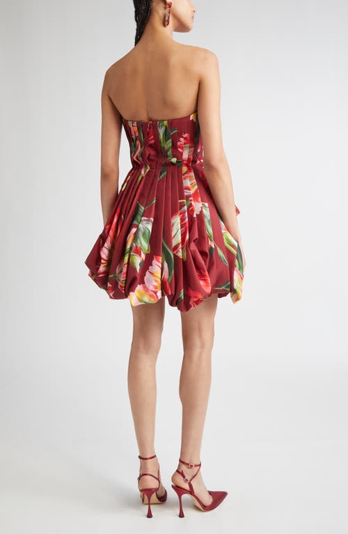 Carolina Herrera Tulip Print Pleated Draped Minidress In Burgundy