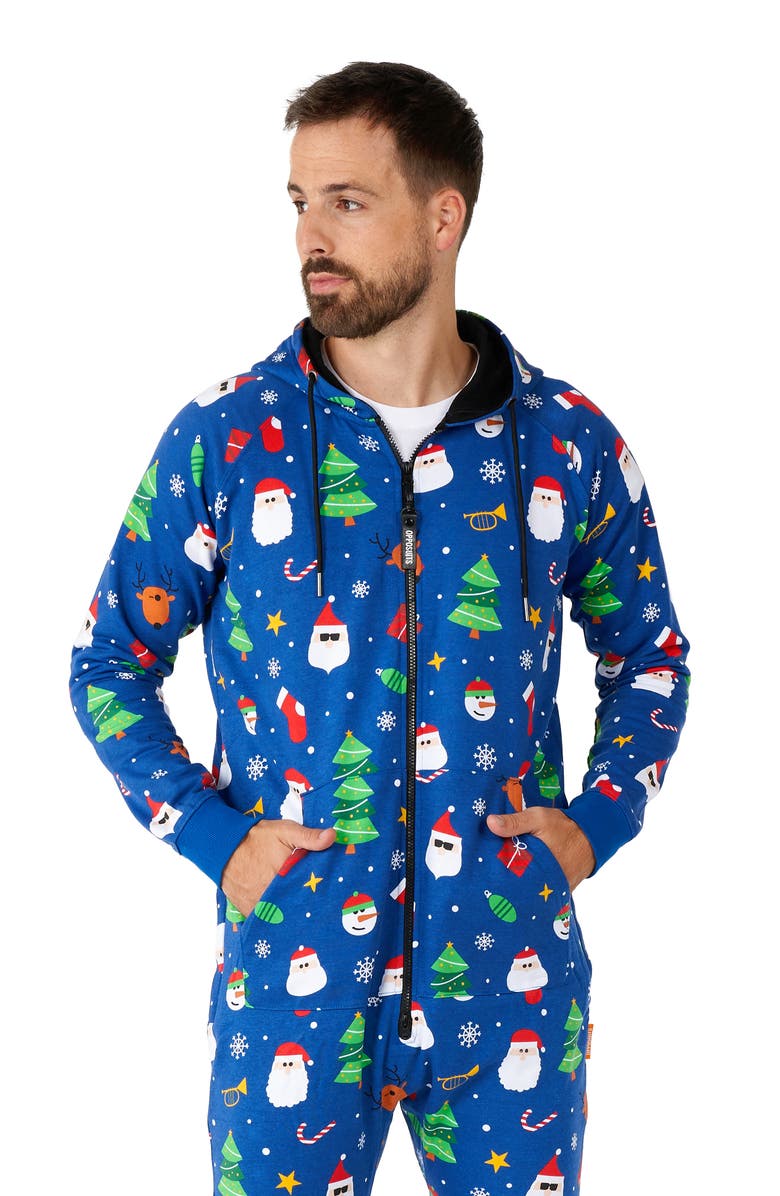 OppoSuits Festivity Blue Print Hooded Long Sleeve Fleece Jumpsuit, Alternate, color,