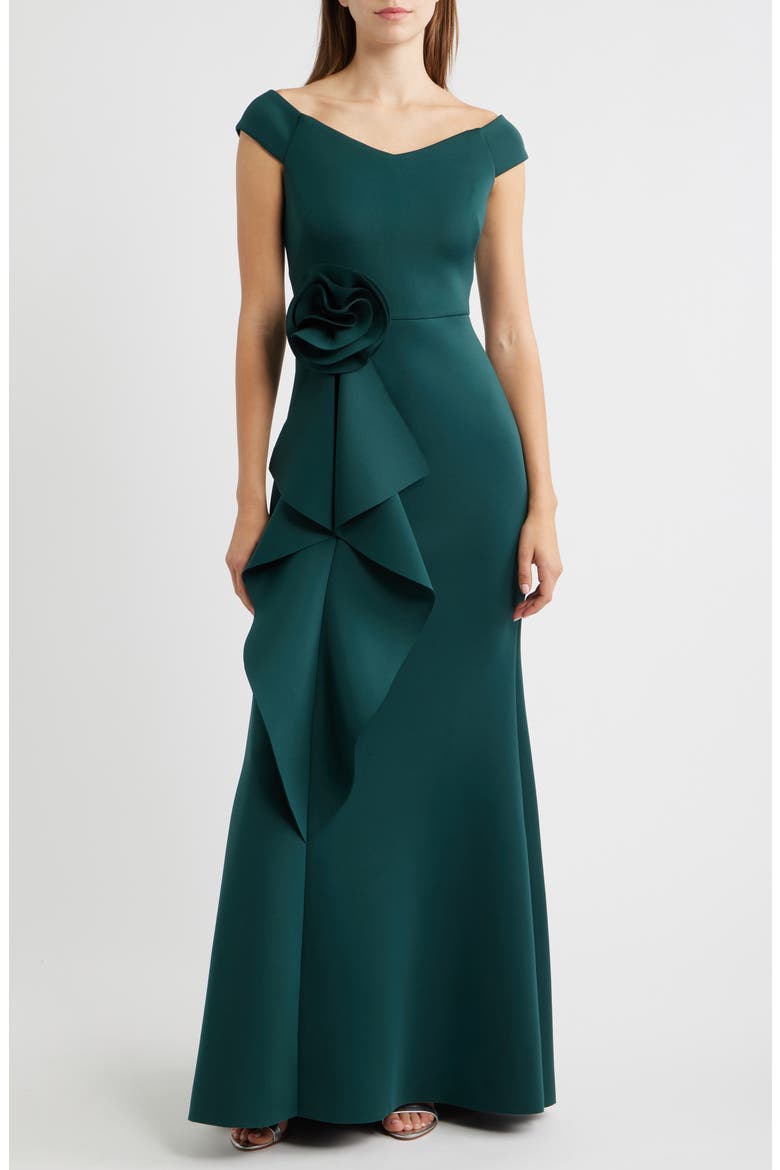 3D Rosette Detail Scuba Crepe Trumpet Gown, Main, color, HUNTER