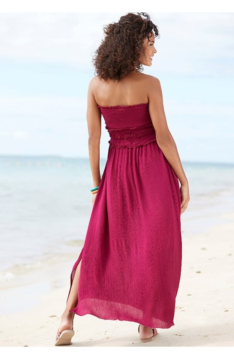 LASCANA Women's Strapless Ruffle Detail Maxi Dress, Alternate, color, Wine