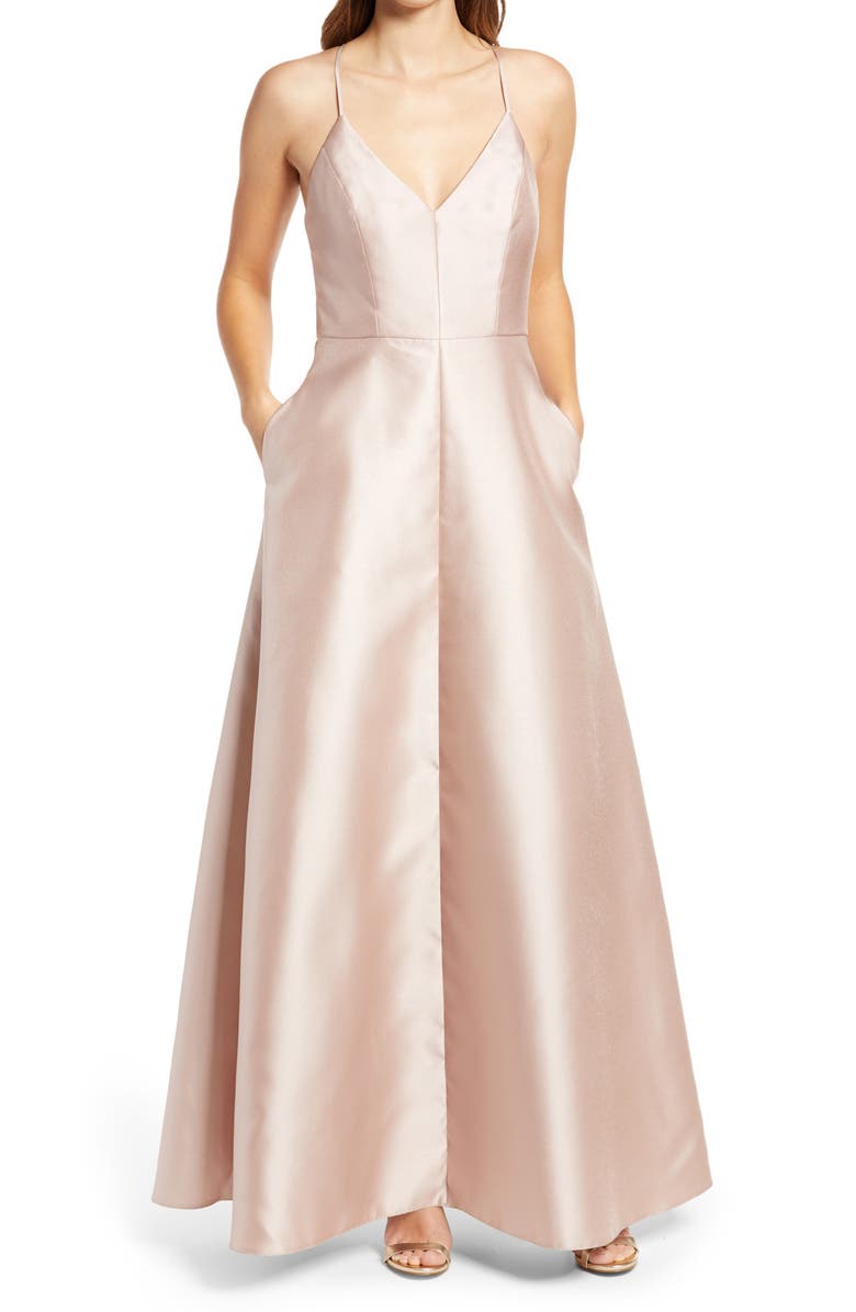 Alfred Sung Crossback Satin Twill A-Line Gown, Main, color, 