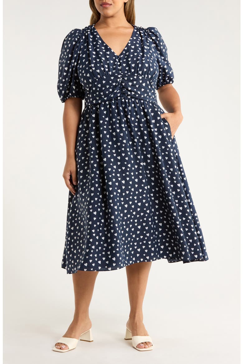 Heart Print Puff Sleeve Midi Dress, Main, color, NAVY- WHITE FLOATING HEARTS