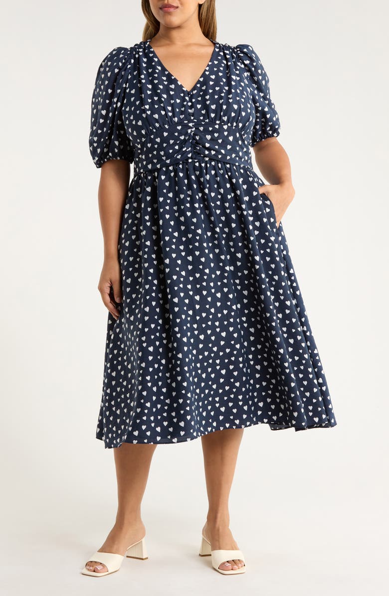 Caslon<sup>®</sup> Heart Print Puff Sleeve Midi Dress, Main, color, Navy- White Floating Hearts