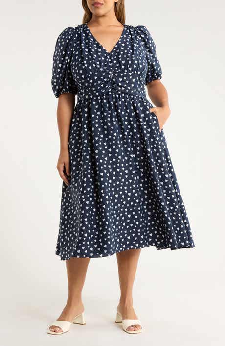 Caslon® Heart Print Puff Sleeve Midi Dress