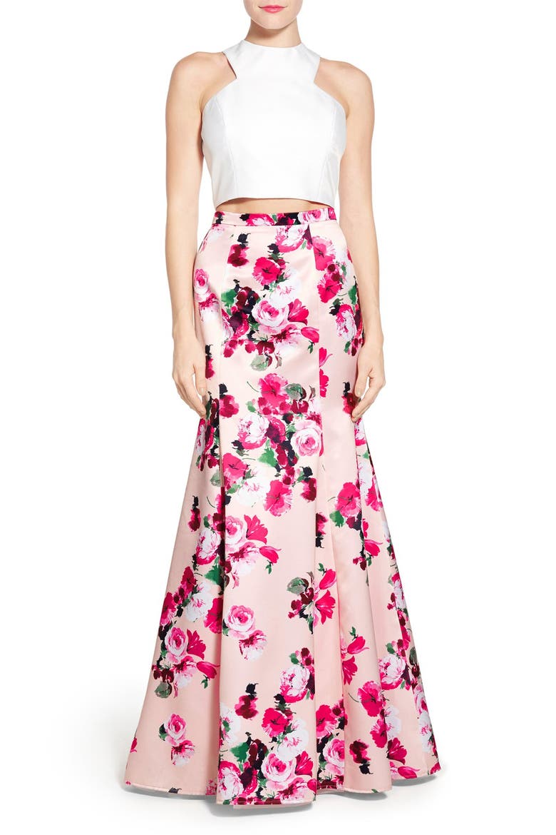 Xscape Floral Satin Two-Piece Ballgown, Main, color, PINK