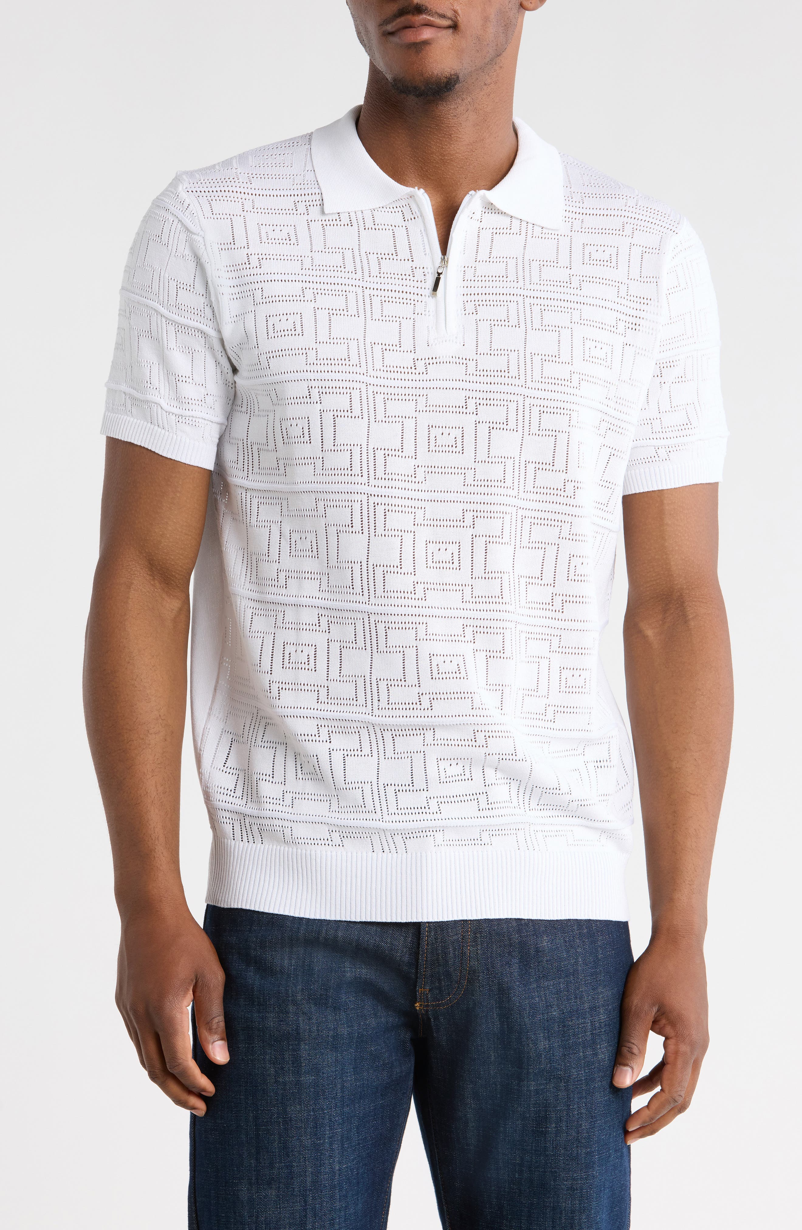 T.R. PREMIUM Geometric Pointelle Half Zip Sweater Polo