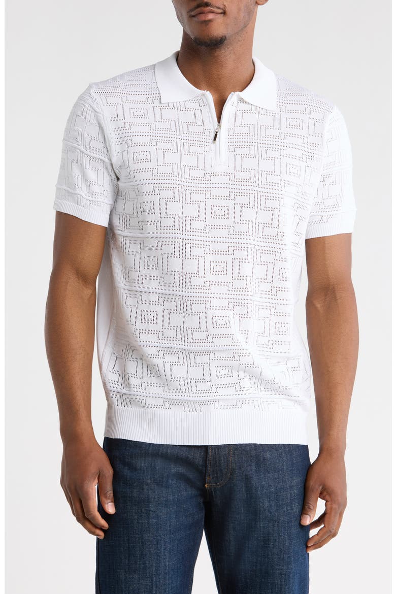 Geometric Pointelle Half Zip Sweater Polo, Main, color, WHITE