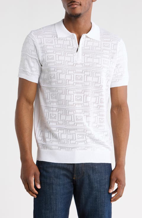 Geometric Pointelle Half Zip Sweater Polo