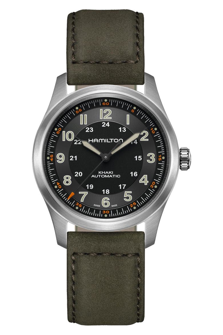 Khaki Field Automatic Leather Strap Watch, 38mm, Main, color, BLACK