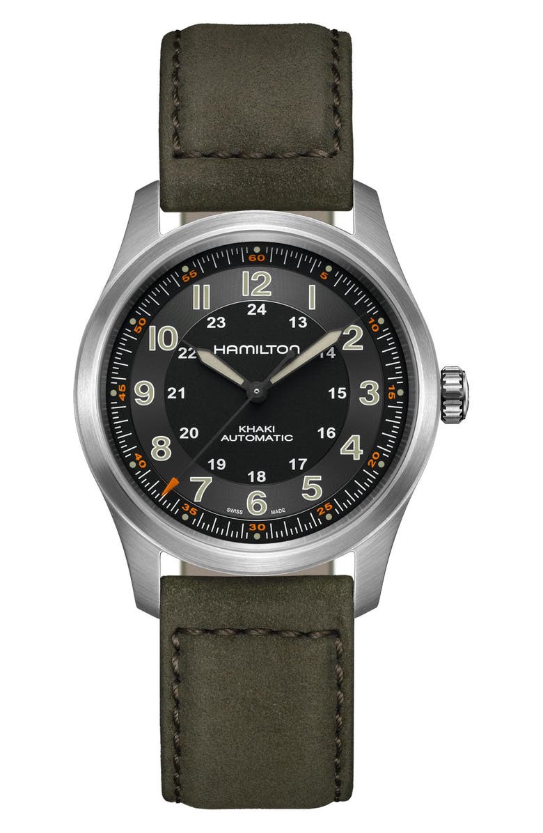 Hamilton Khaki Field Automatic Leather Strap Watch, 38mm, Main, color, Black