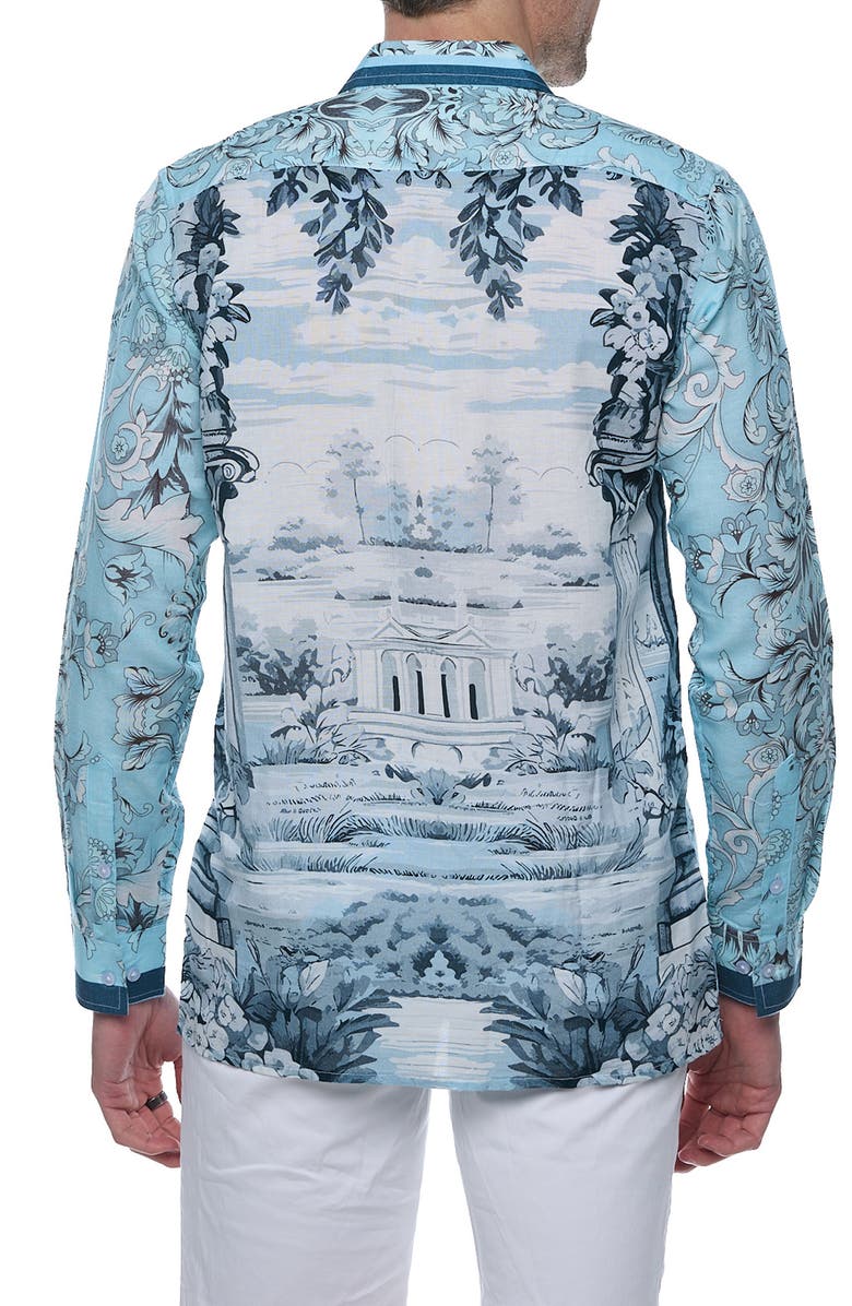 RANEES Extra Trim Fit Print Linen & Cotton Button-Up Resort Shirt, Alternate, color, Light Blue