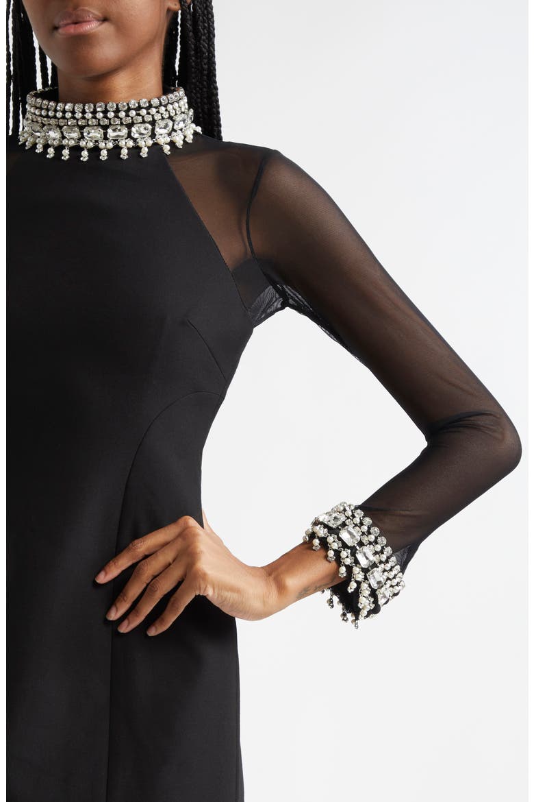 Crystal & Imitation Pearl Detail Long Sleeve Minidress, Alternate, color, BLACK/ SILVER