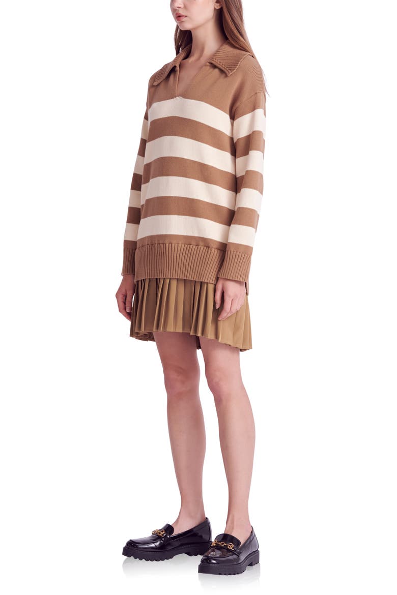 Mixed Media Long Sleeve Pleated Minidress, Alternate, color, CAMEL/ BEIGE
