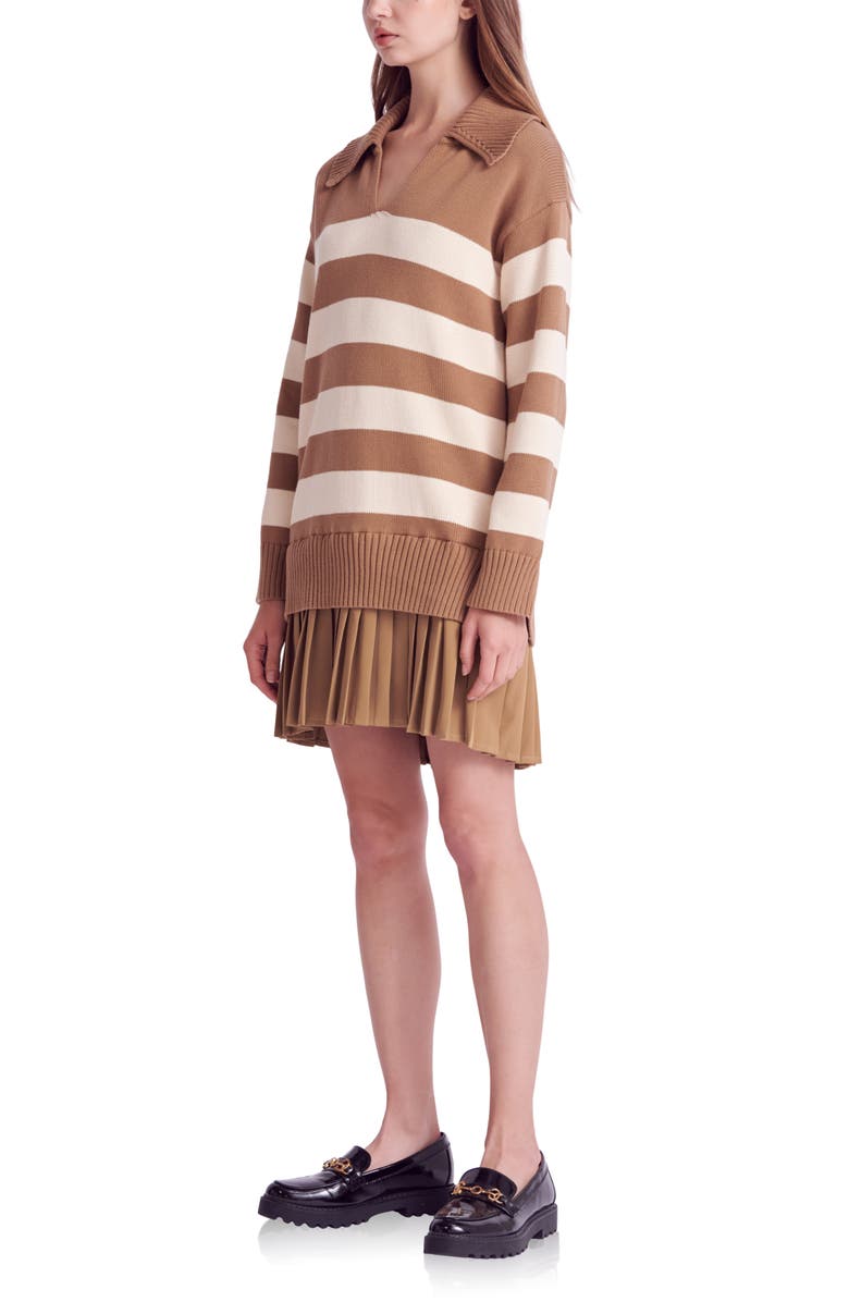 English Factory Mixed Media Long Sleeve Pleated Minidress, Alternate, color, Camel/ Beige