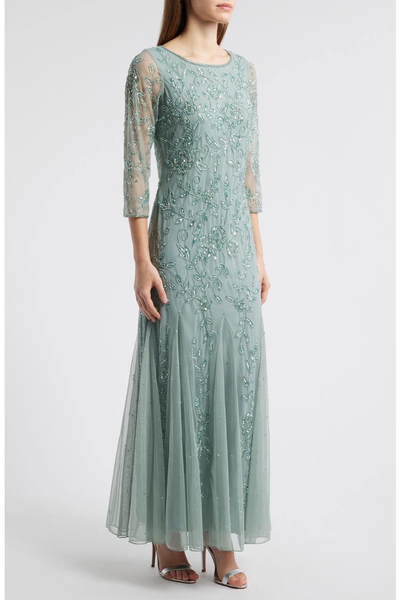 Floral Beaded Tulle Gown, Alternate, color, SOFT SAGE