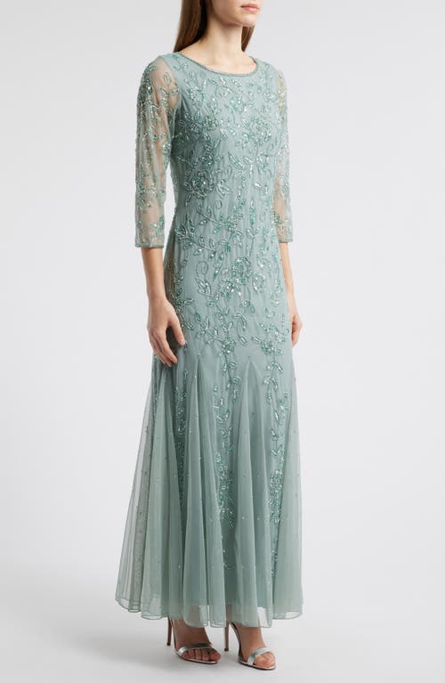 Pisarro Nights Floral Beaded Tulle Gown In Soft Sage
