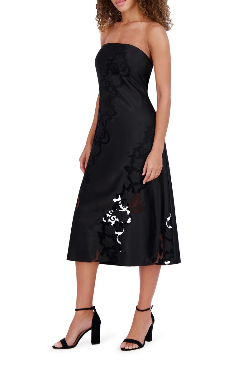 Embroidered Strapless Matte Satin Midi Dress, Alternate, color, BLACK