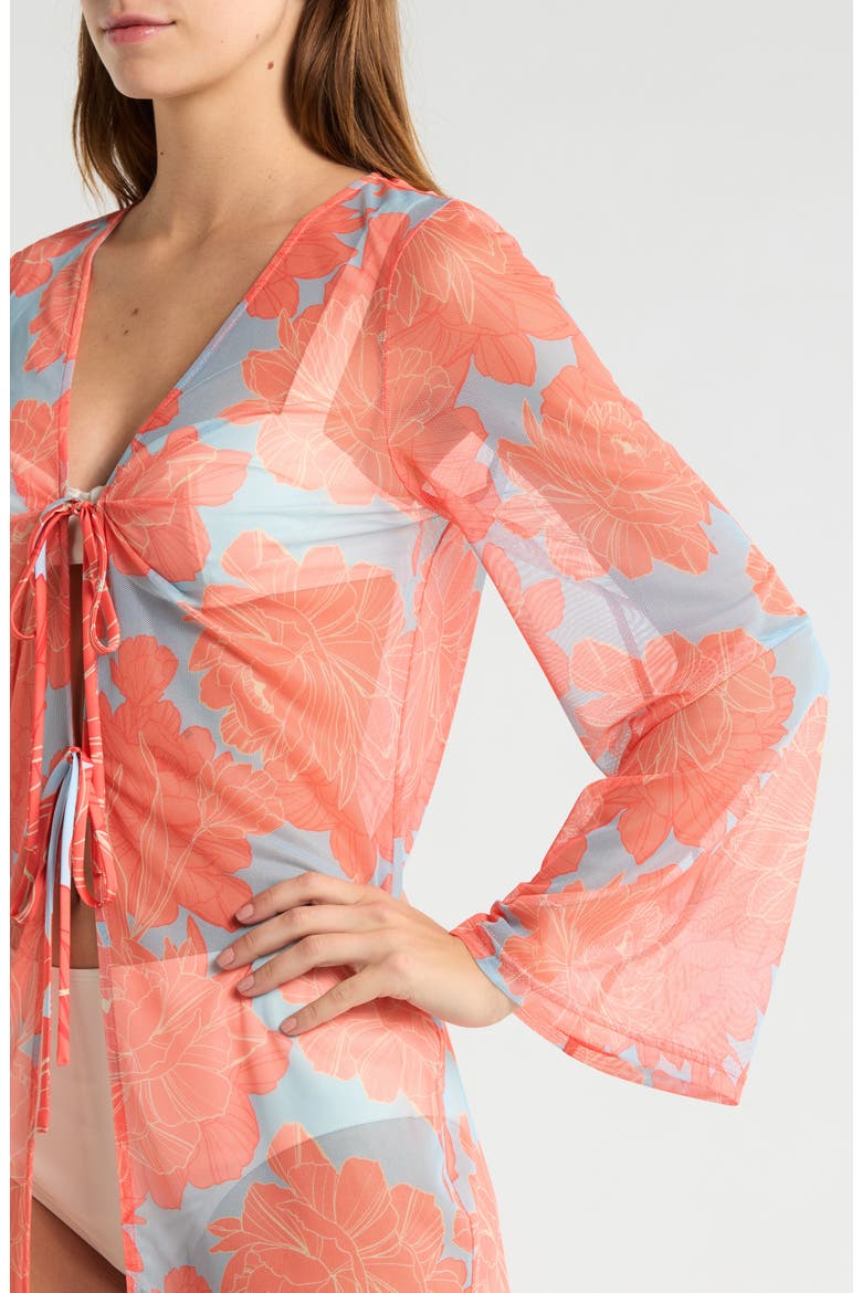 Tie Front Long Sleeve Cover-Up, Alternate, color, SKY BLUE PEONIES