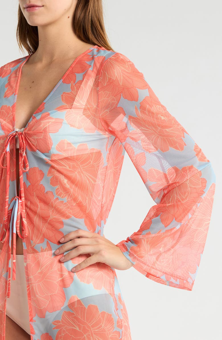 Hutch Tie Front Long Sleeve Cover-Up, Alternate, color, Sky Blue Peonies