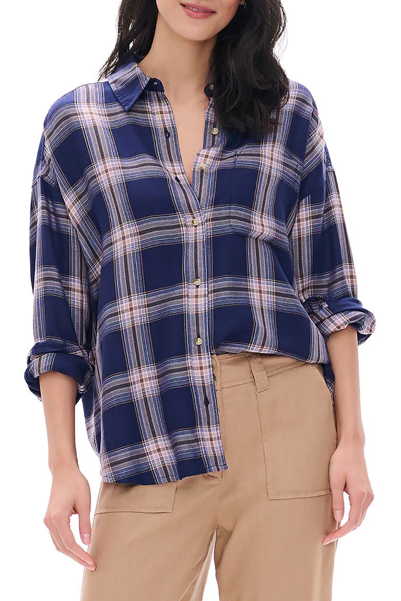Relaxed Plaid Button Front Shirt, Main, color, PATRIOT BLUE