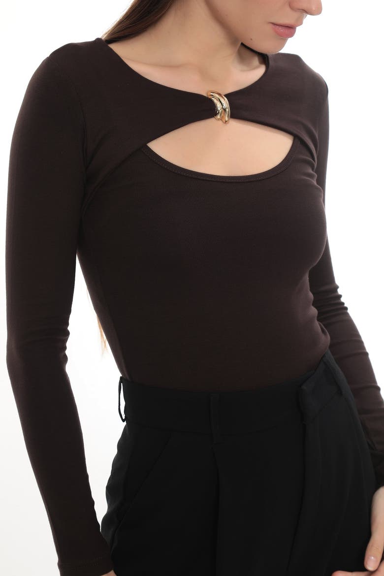 Detail Cutout Long Sleeve Stretch Mila Top, Alternate, color, Brown