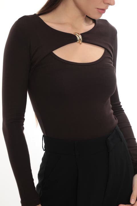 Gold Detail Cutout Long Sleeve Stretch Mila Top