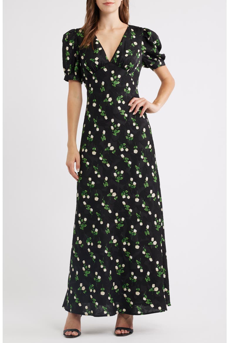 Milan Floral Print Satin Gown, Main, color, BLACK FLORAL