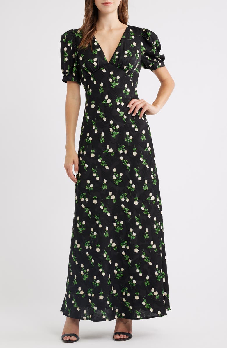 Lulus Milan Floral Print Satin Gown, Main, color, Black Floral