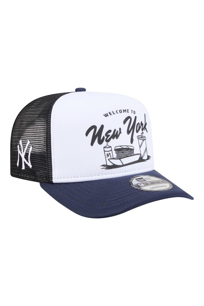 Men's New Era  White/Navy New York Yankees Foodie A-Frame 9FIFTY Trucker Snapback Hat, Main, color, White