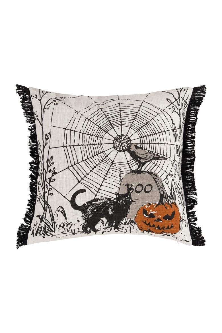 Jol Boo Spider Web Halloween Printed Throw Pillow, 18" x 18", Main, color, Beige