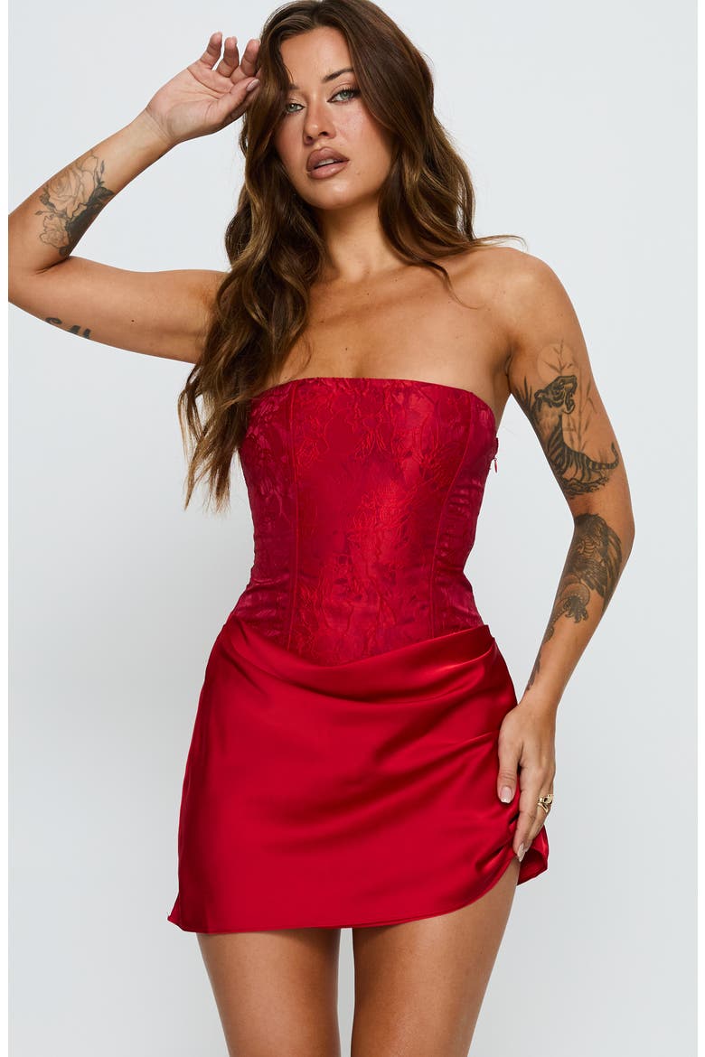 Jenevieve Strapless Drape Satin Minidress, Alternate, color, RED