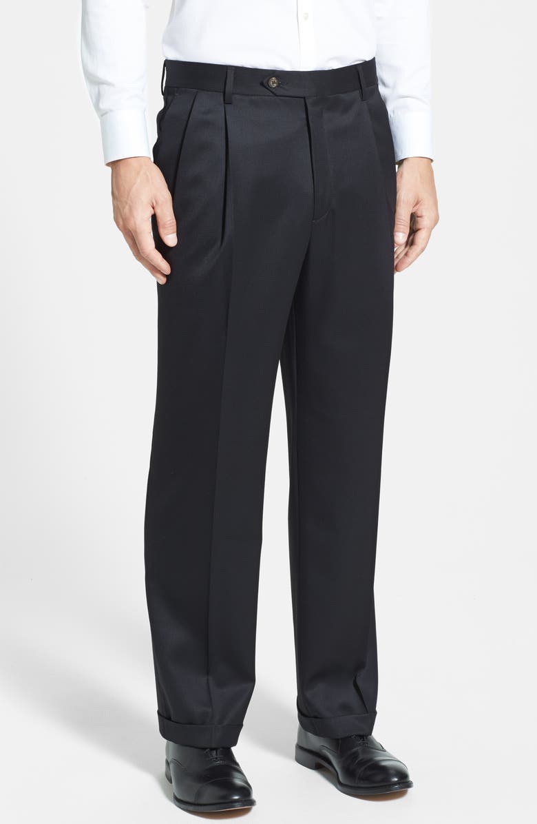 Berle Pleated Classic Fit Wool Gabardine Dress Pants, Alternate, color, Black