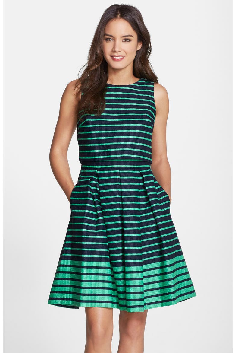 Stripe Jacquard Popover Fit & Flare Dress, Main, color, NAVY/ GREEN
