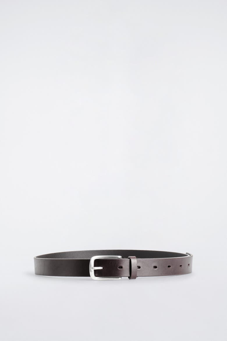 Square-buckle Leather Belt, Main, color, BROWN
