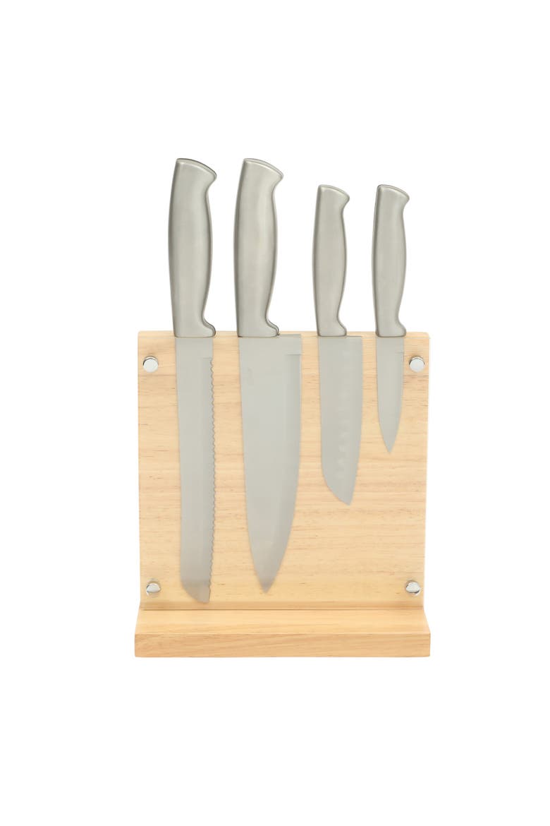 Baldwyn 5-Piece Stainless Steel Knife Block Set with Wood Magnetic Stand, Alternate, color, Silver