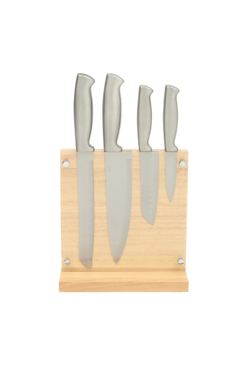 OSTER Baldwyn 5-Piece Stainless Steel Knife Block Set with Wood Magnetic Stand, Alternate, color, Silver