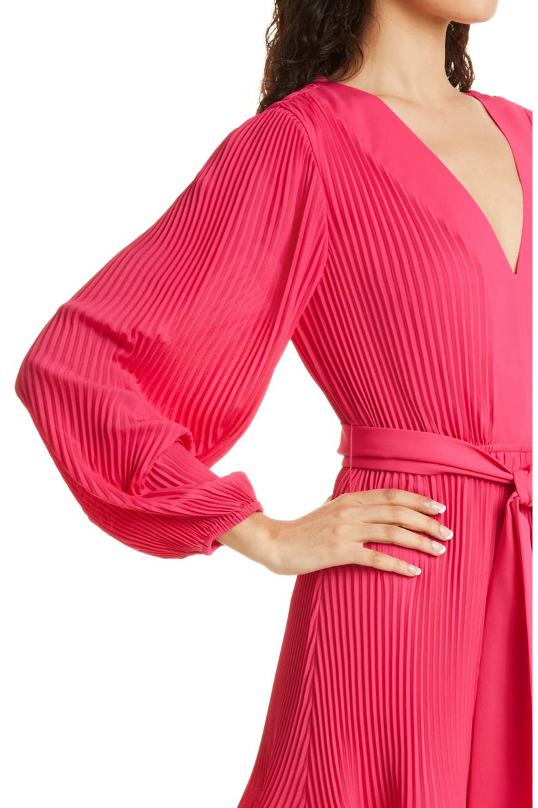 milly liv long sleeve v neck pleated belted mini dress Milly Liv Pleated Belted Minidress